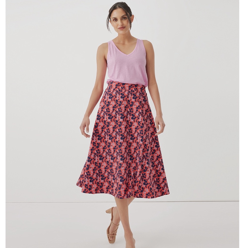 Floral Midi A-Line Skirt in Pink and Navy--NWT